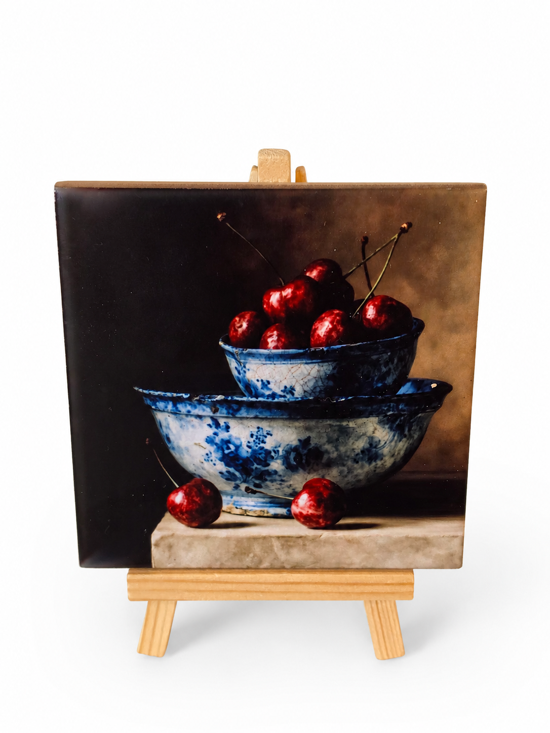 Kersen in Blauw-Witte Kommen – Handgemaakt Kunsttegeltje