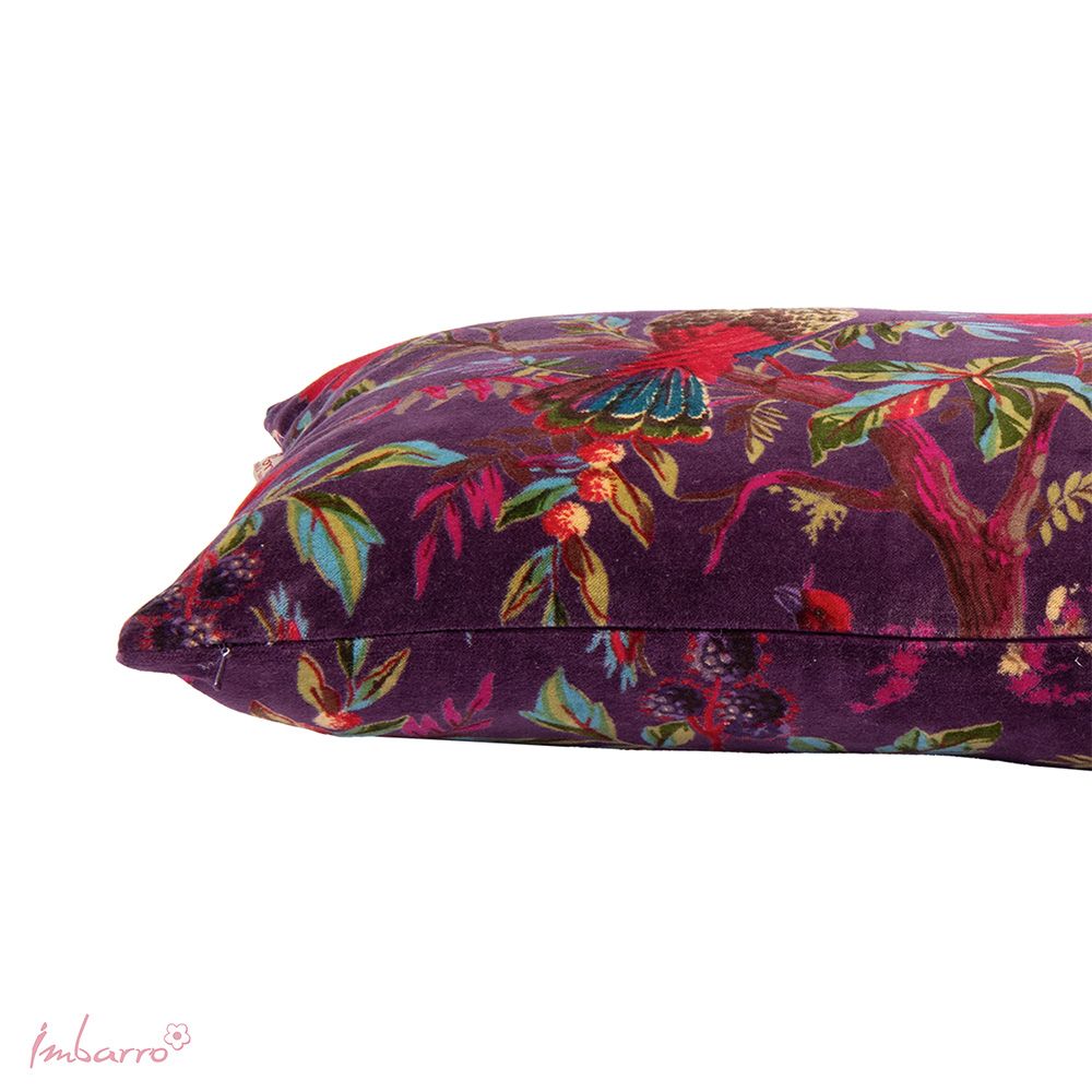 Imbarro Paradise Purple sierkussen – paars fluweel met tropische vogels (30x50 cm)