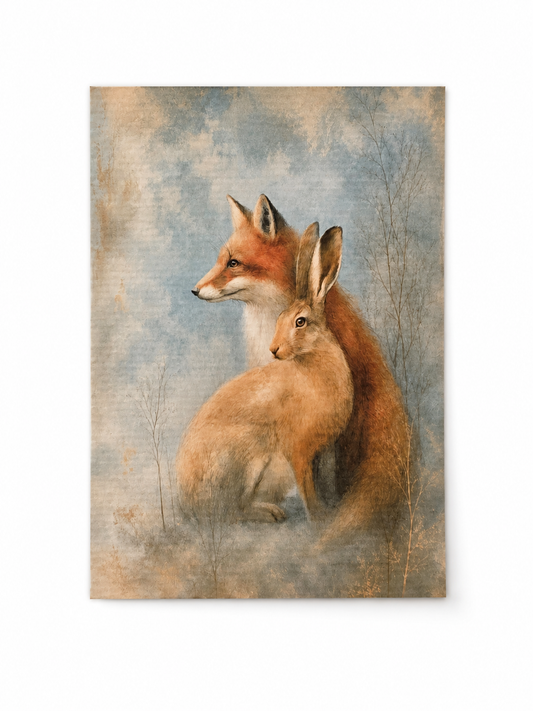 Vos & Haas in het Winterse Bos – Handmade Art Card
