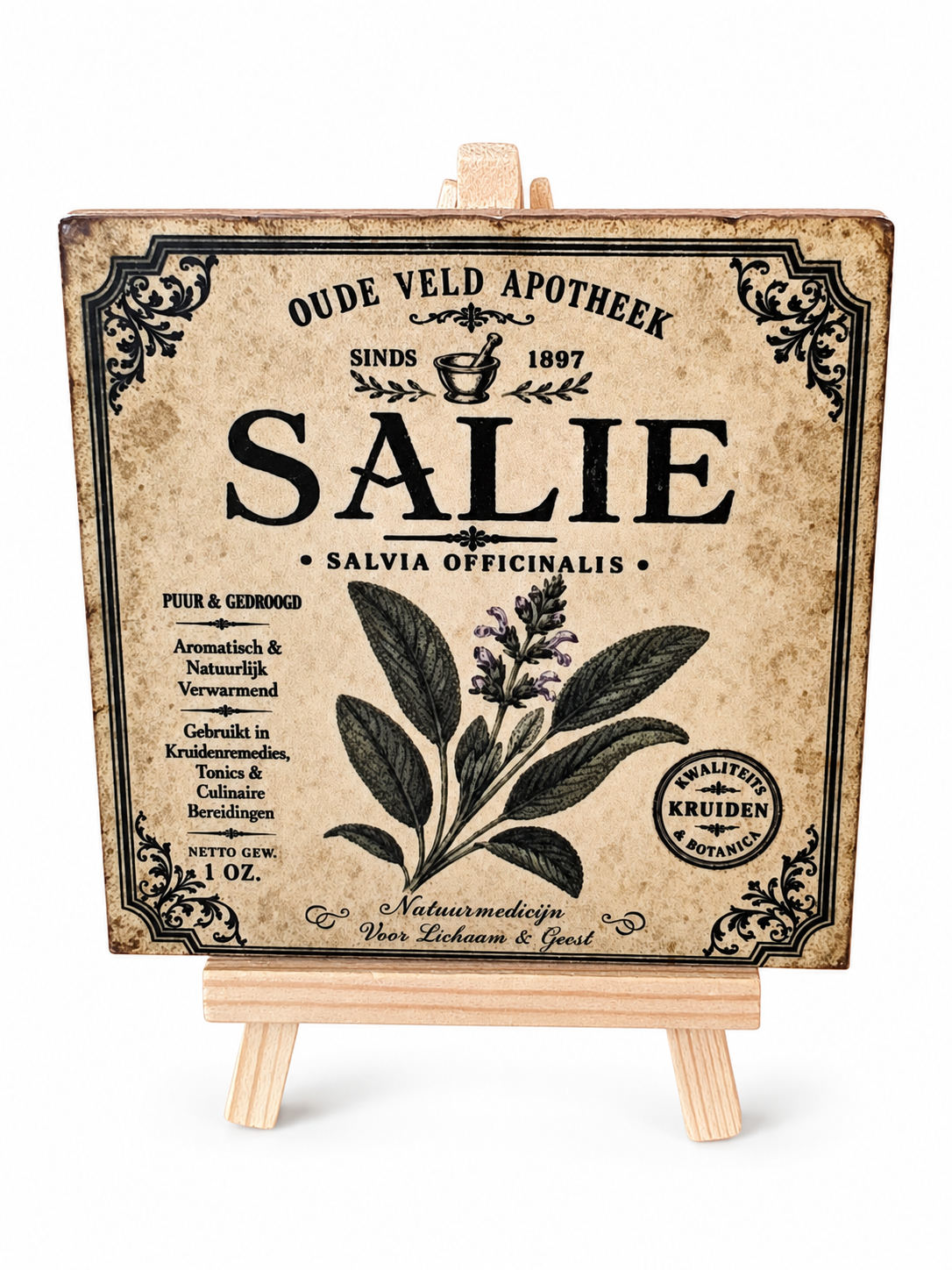 Salie – Vintage Veldapotheek – Handgemaakt Kunsttegeltje