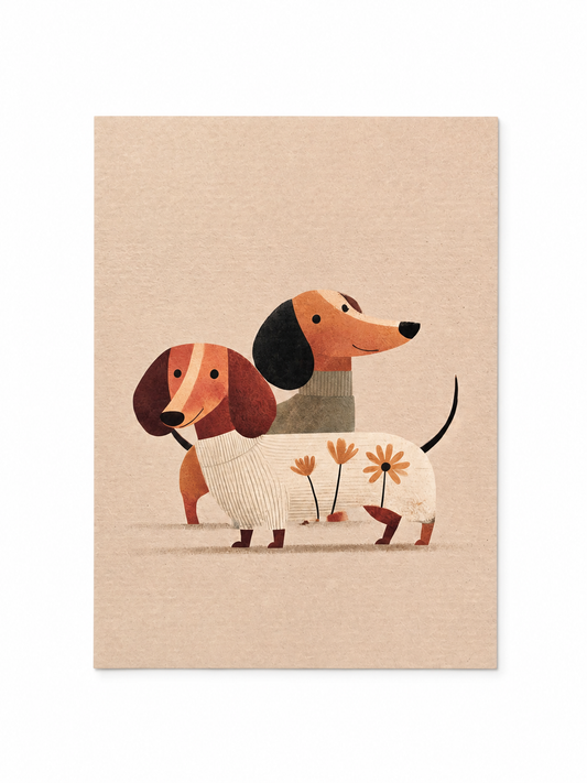 Twee Teckels met Bloemen – Handmade Art Card