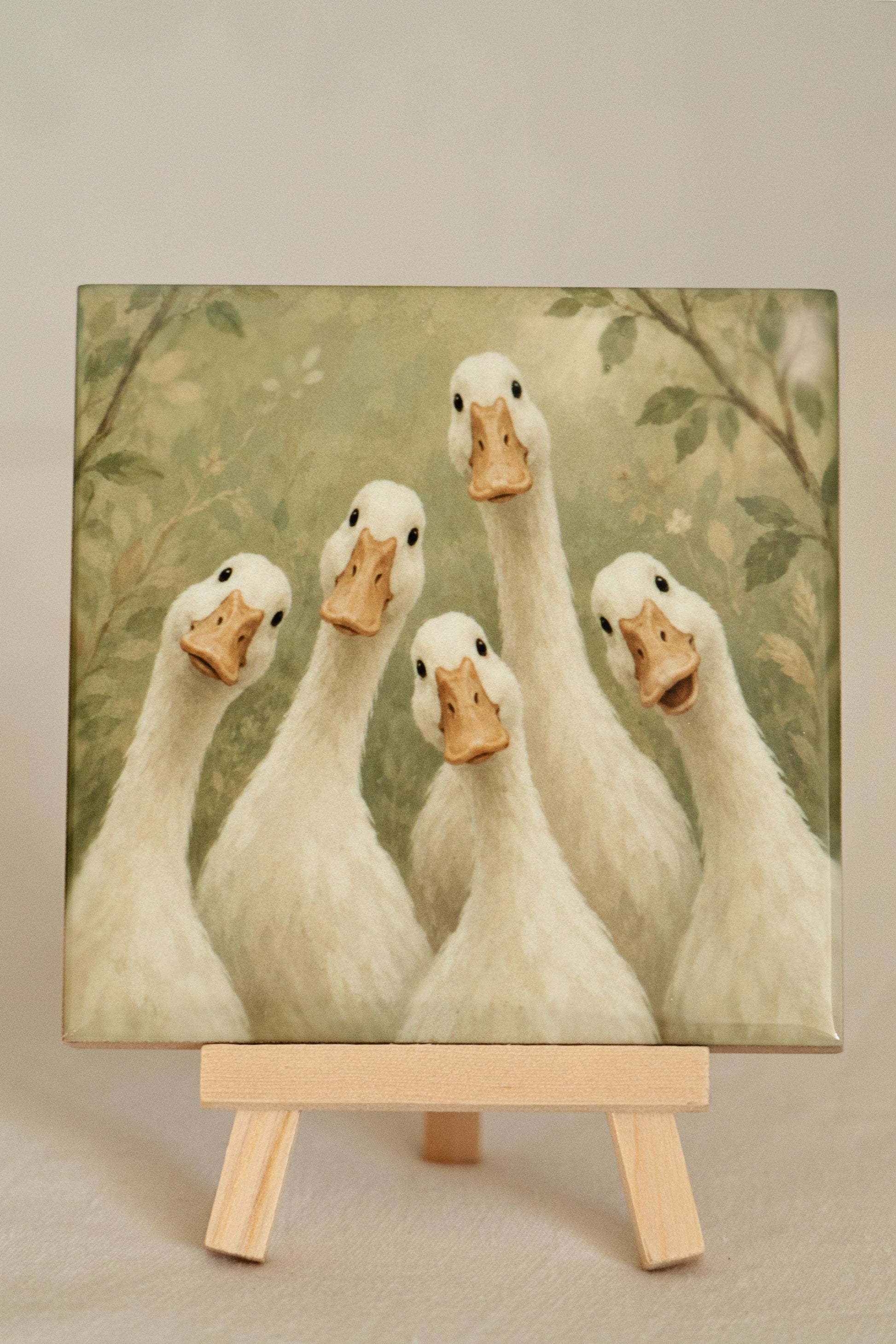 Lachende Loopeenden - Handgemaakt Kunst Tegeltje