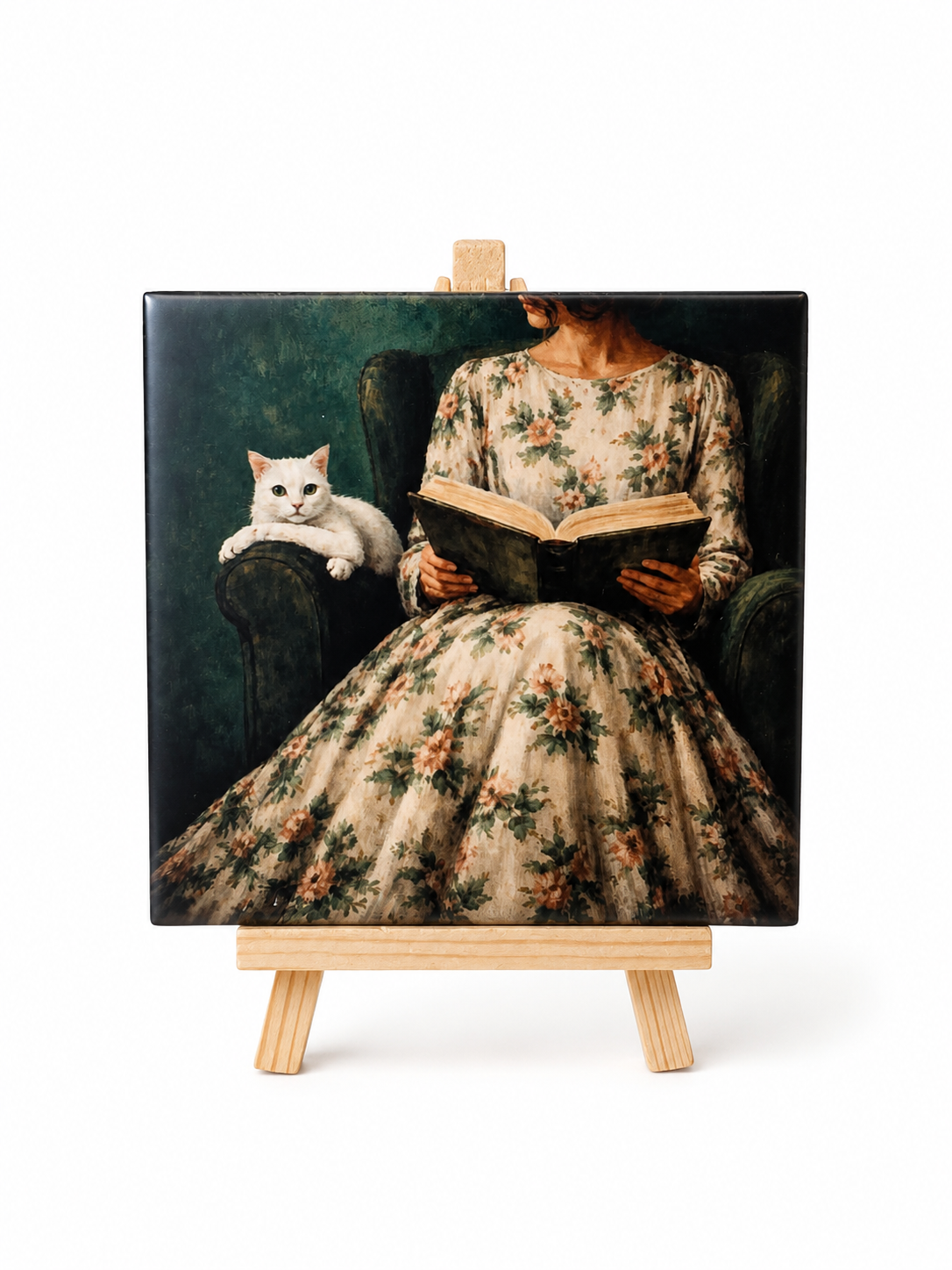 Vrouw met boek en kat - Handgemaakt Kunst Tegeltje