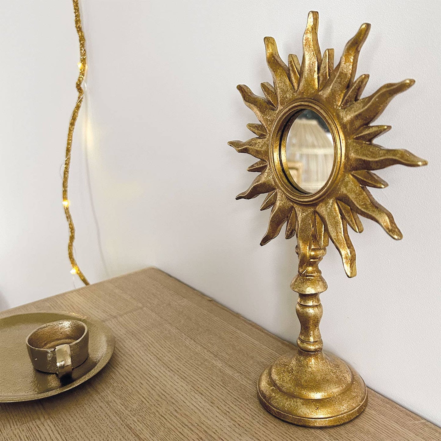 Zonnespiegel om neer te zetten goud L17 D8,2 H26,6cm