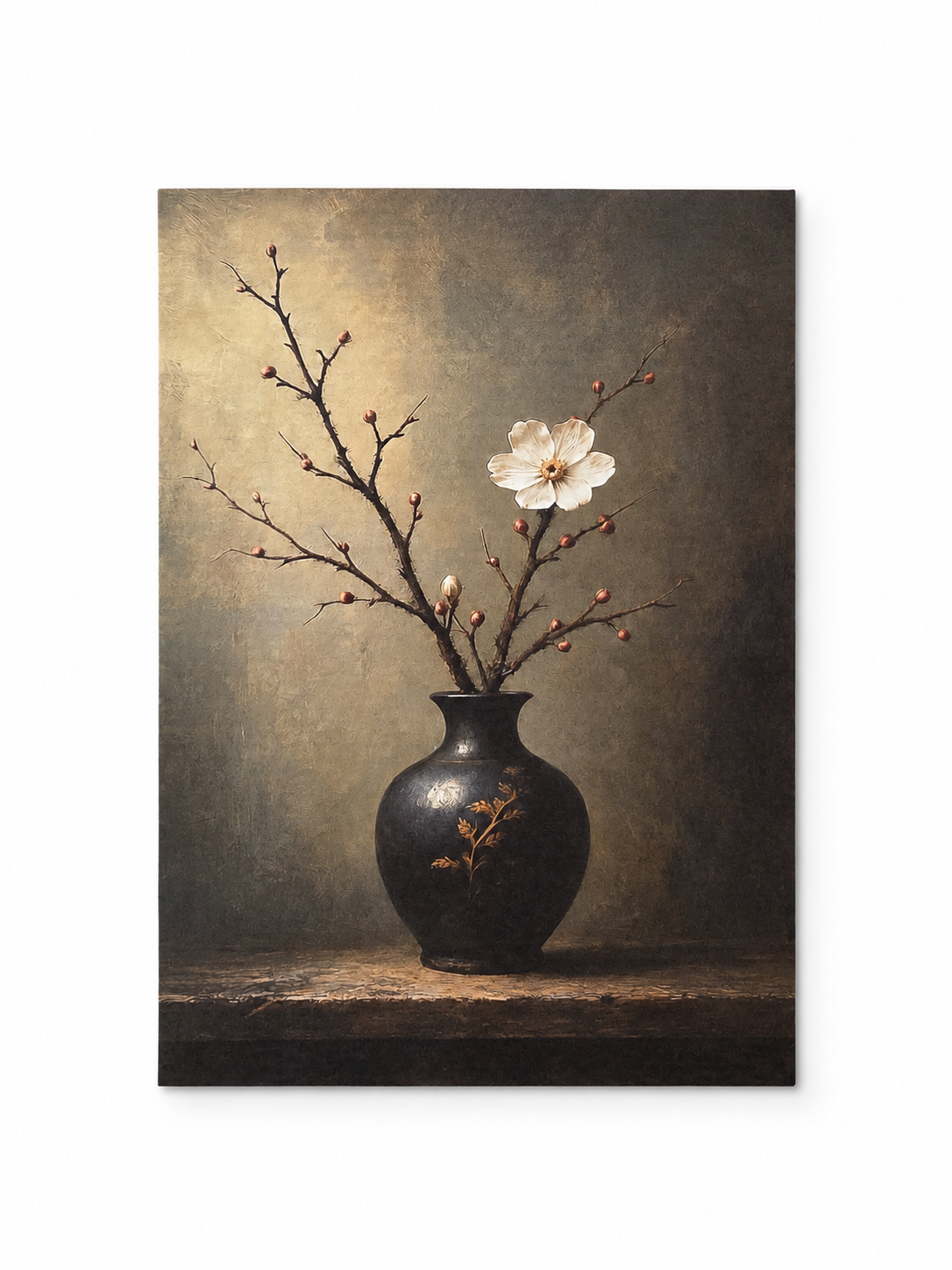 Witte Bloesem in Zwarte Vaas – Handmade Art Card