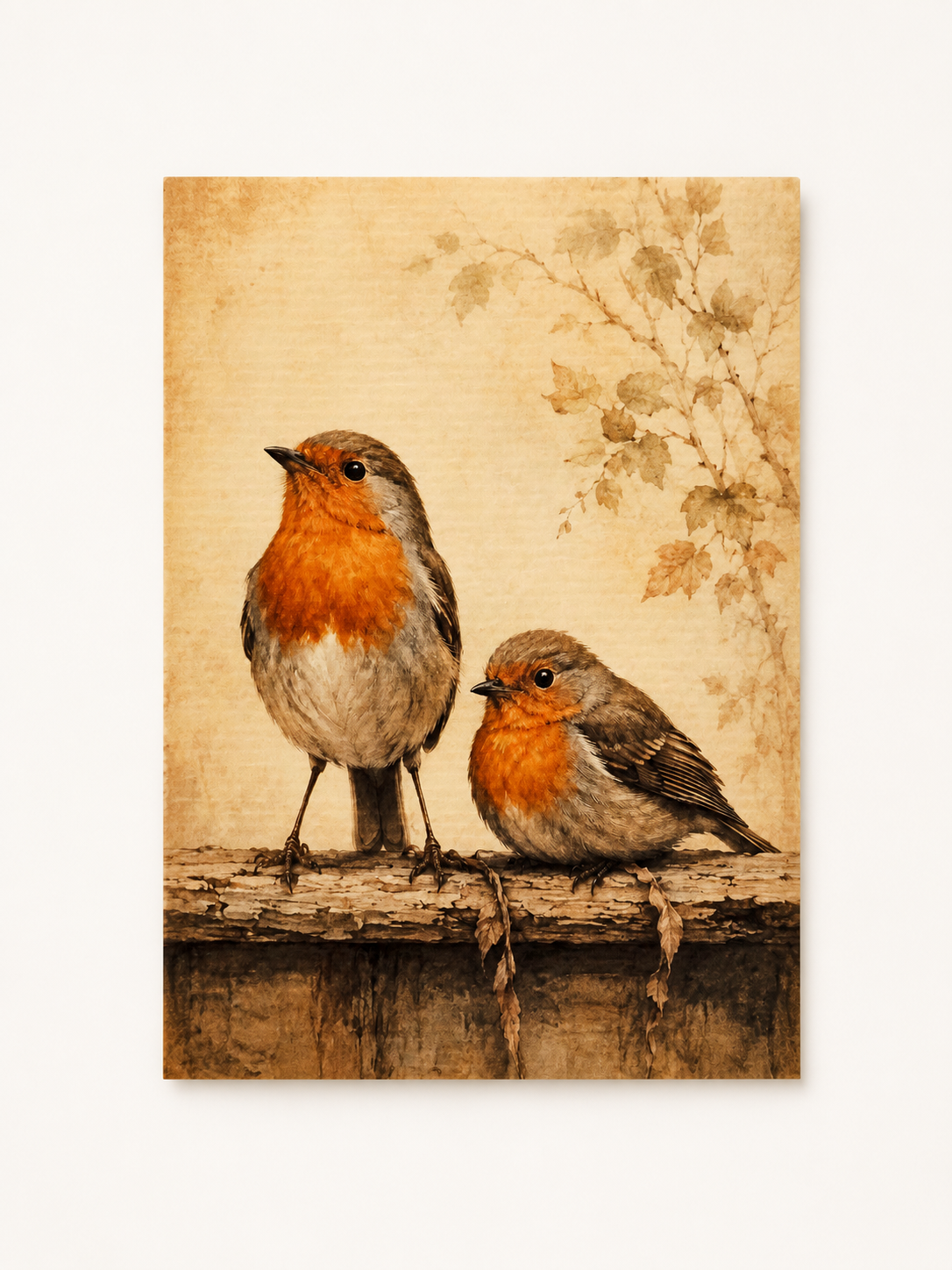Twee Roodborstjes op een Tak - Handmade Art Card