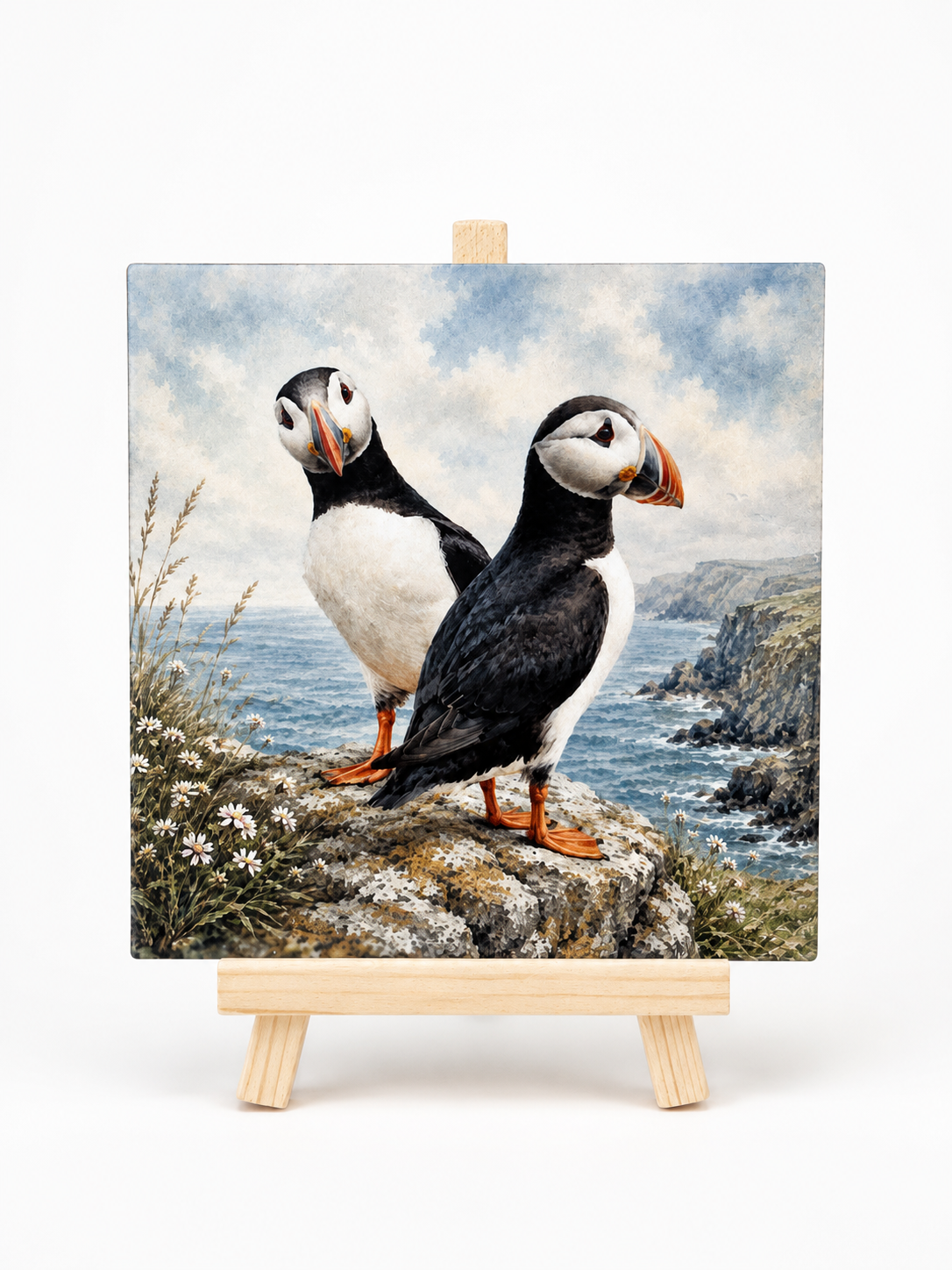 Papegaaiduikers aan de kust - Handgemaakt Kunst Tegeltje