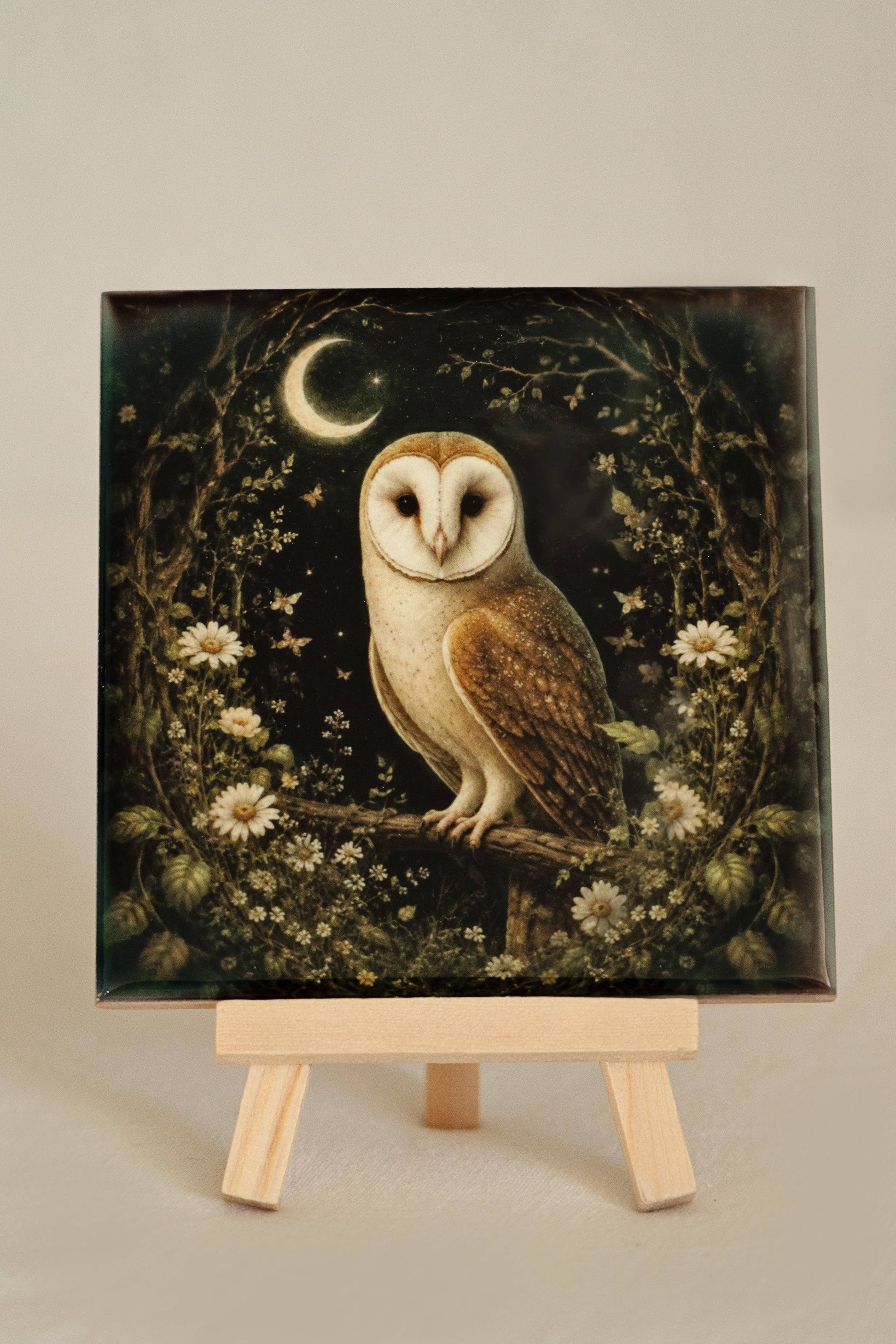 Uil bij nacht - Handgemaakt Kunst Tegeltje