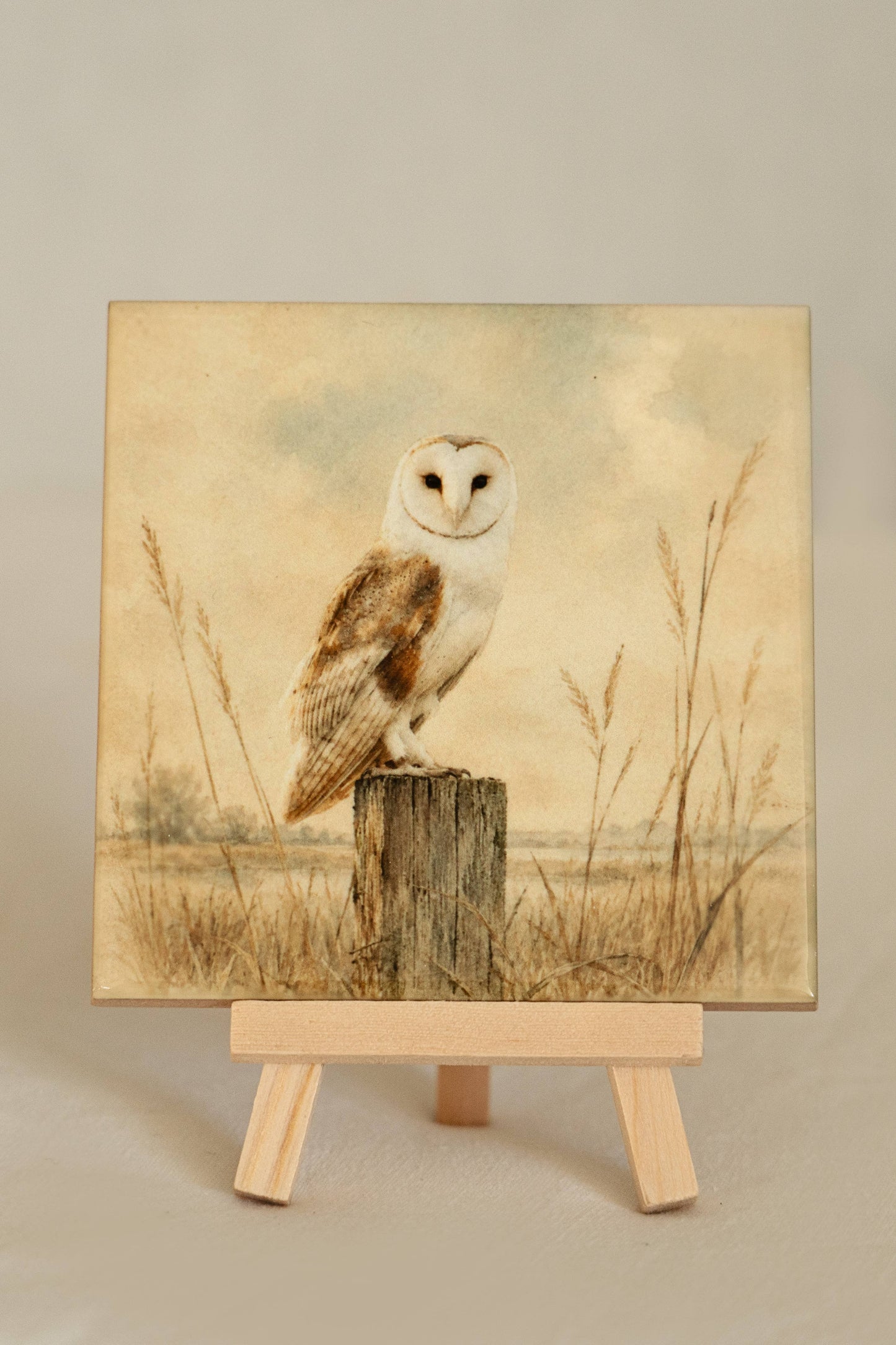 Kerkuil op Houten Paal - Handgemaakt Kunst Tegeltje