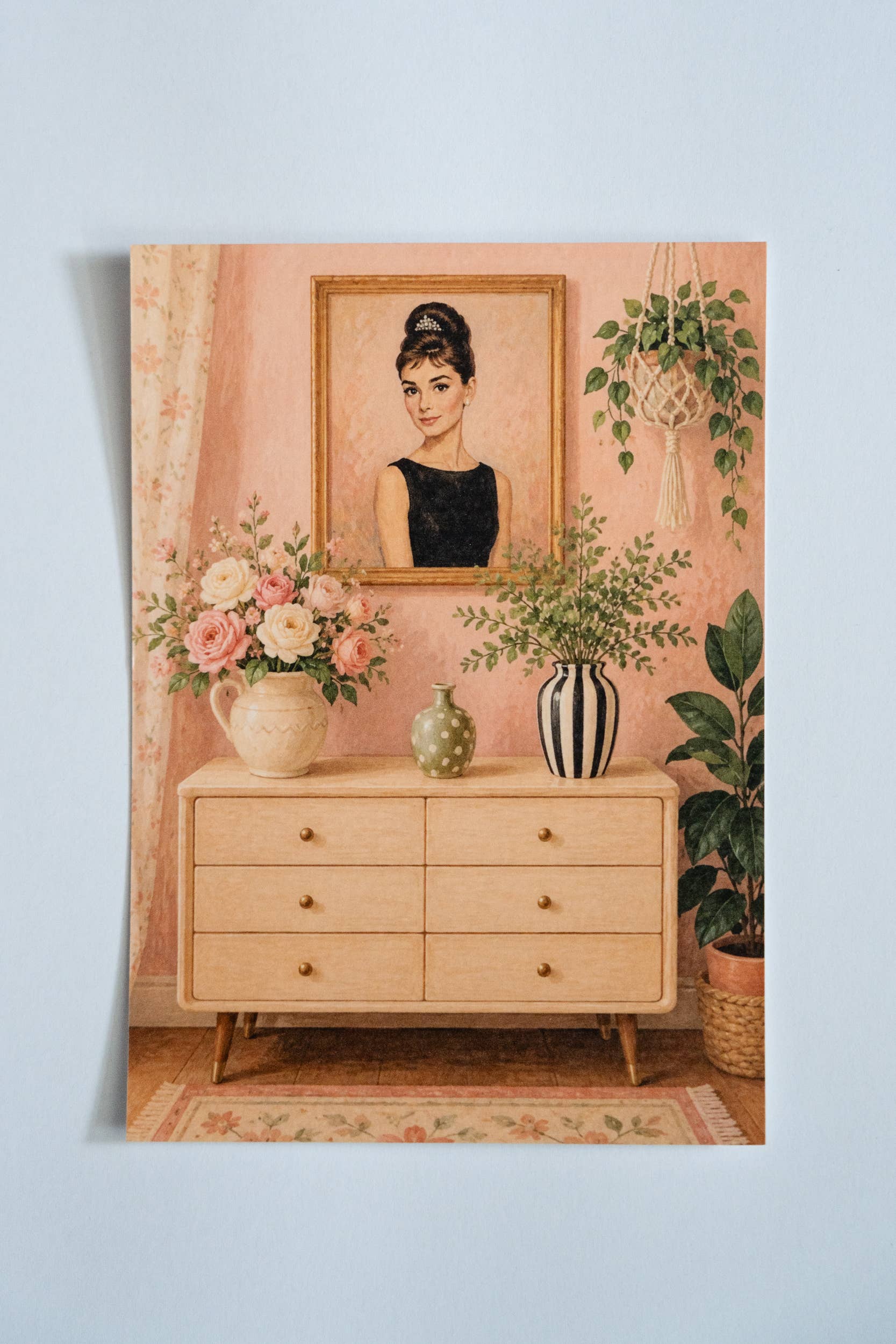Retro interieur met portret & bloemen - Handmade Art Card
