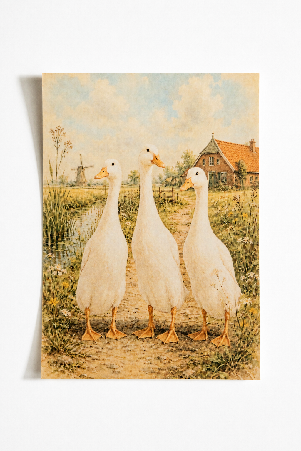 Drie witte eenden op een boerenpad - Handmade Art Card