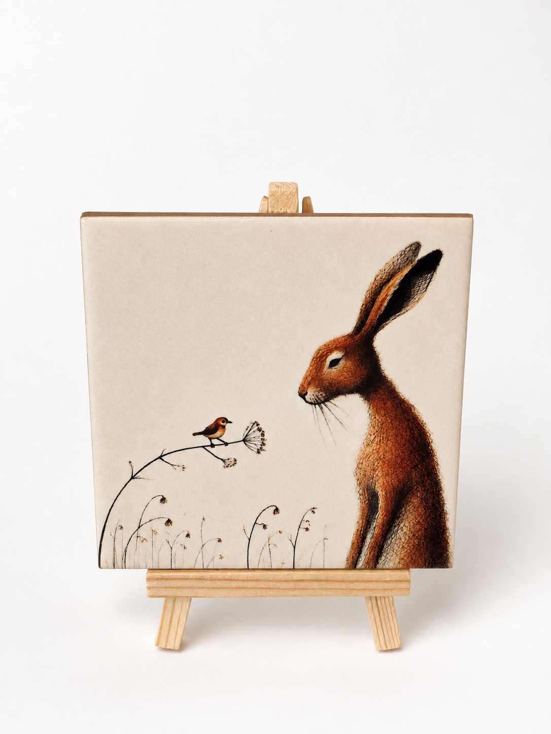 Haas & Vogeltje in de Weide – Handgemaakt Kunsttegeltje