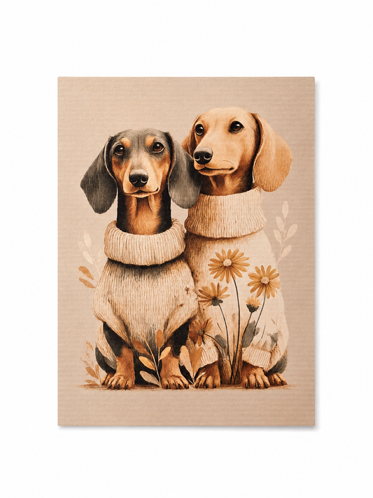 Teckelvriendinnen in Gebreide Truien – Handmade Art Card