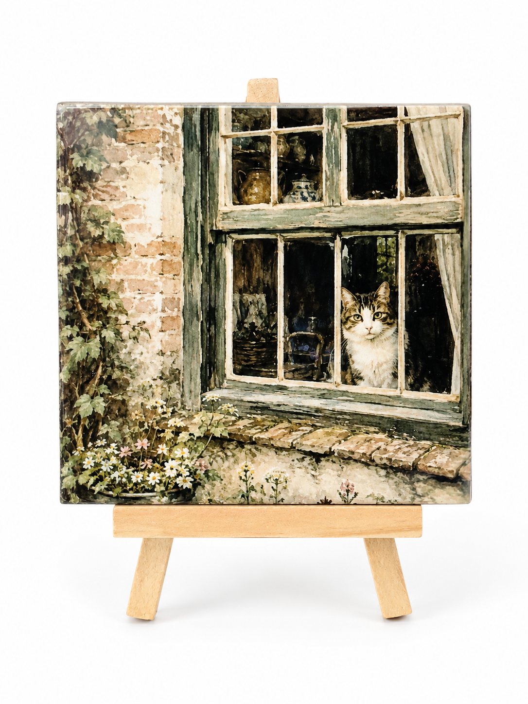 Kat achter het raam - Handgemaakt Kunst Tegeltje