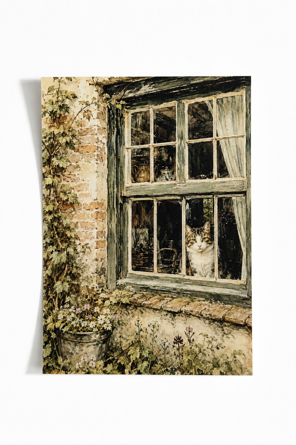 Kat achter het raam - Handmade Art Card