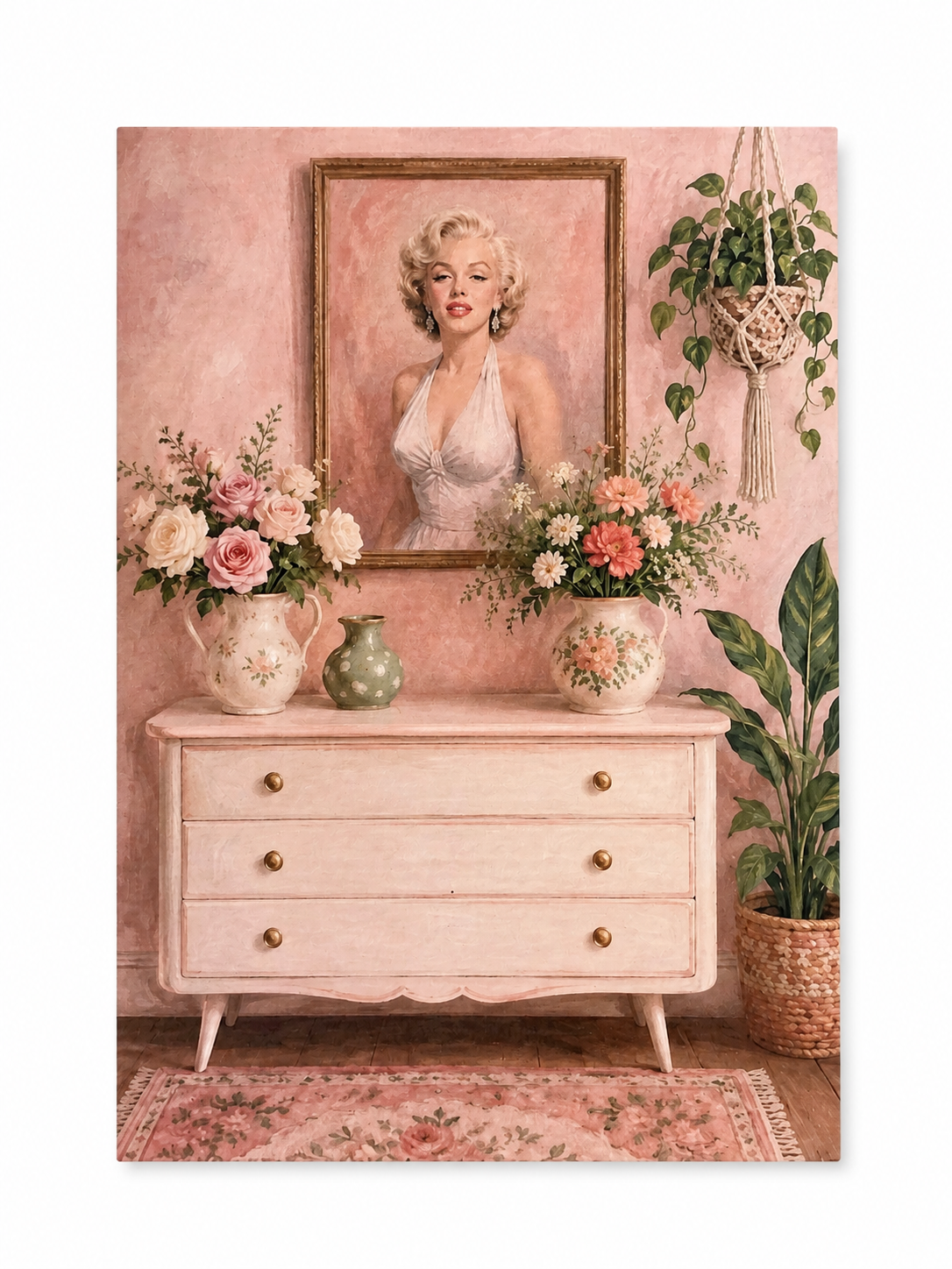 Vintage Hollywood Portret met Bloemen – Handmade Art Card