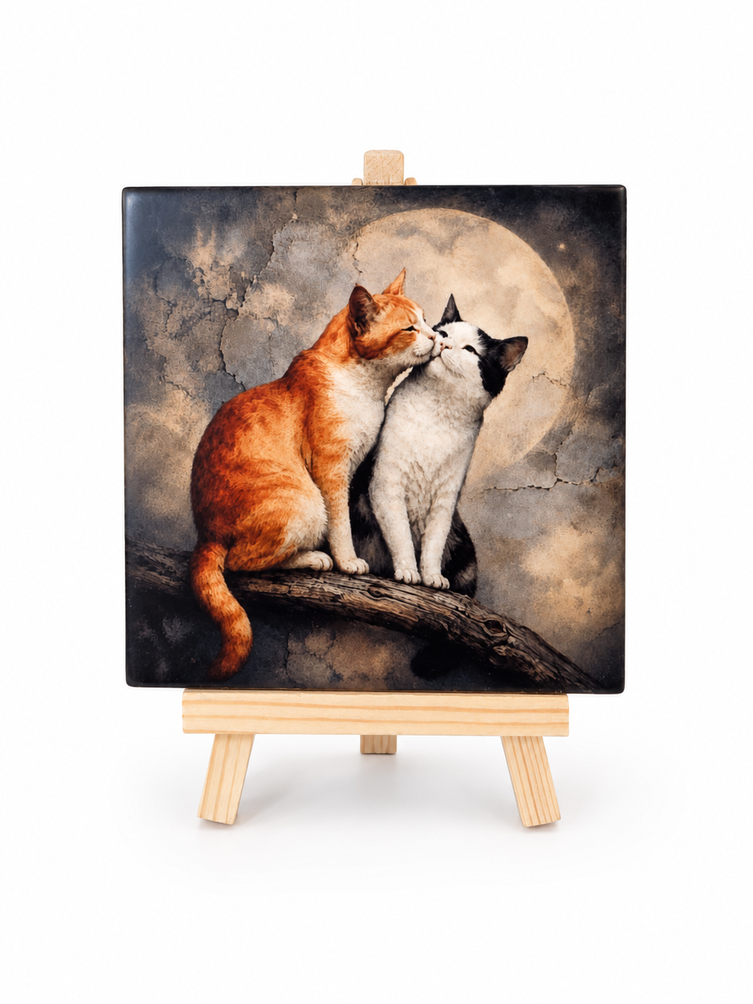 Katten onder de maan – Handgemaakt Kunst Tegeltje