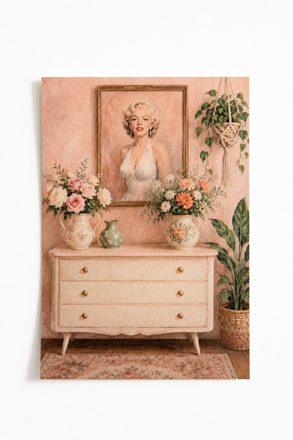 Vintage Hollywood portret met bloemen - Handmade Art Card