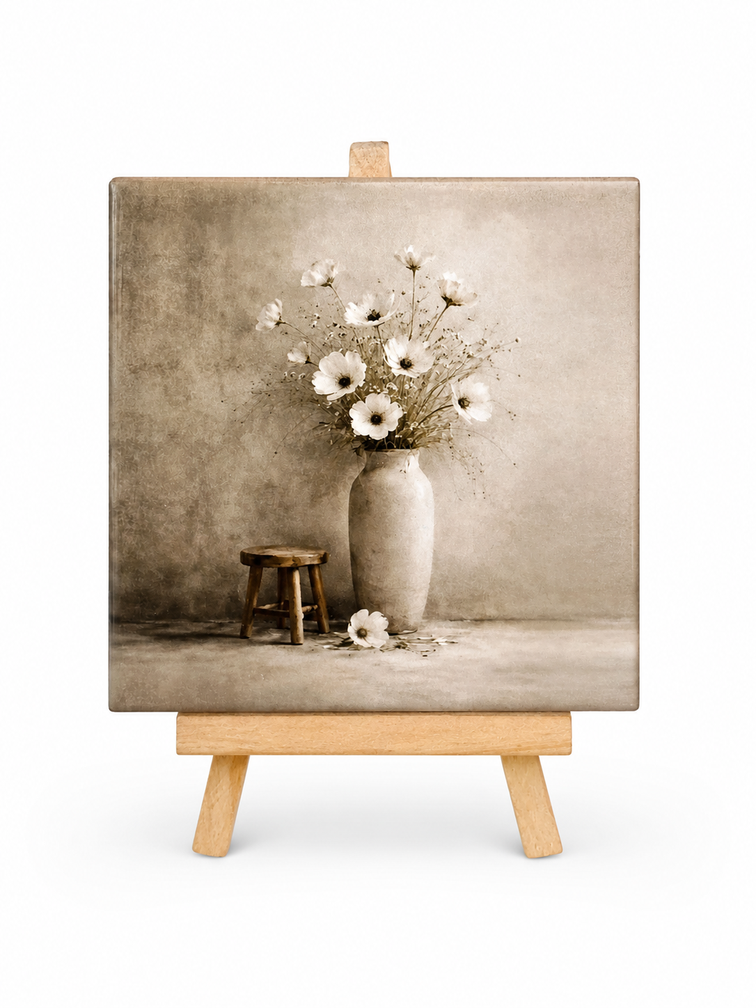 Vaas met witte bloemen - Handgemaakt Kunst Tegeltje