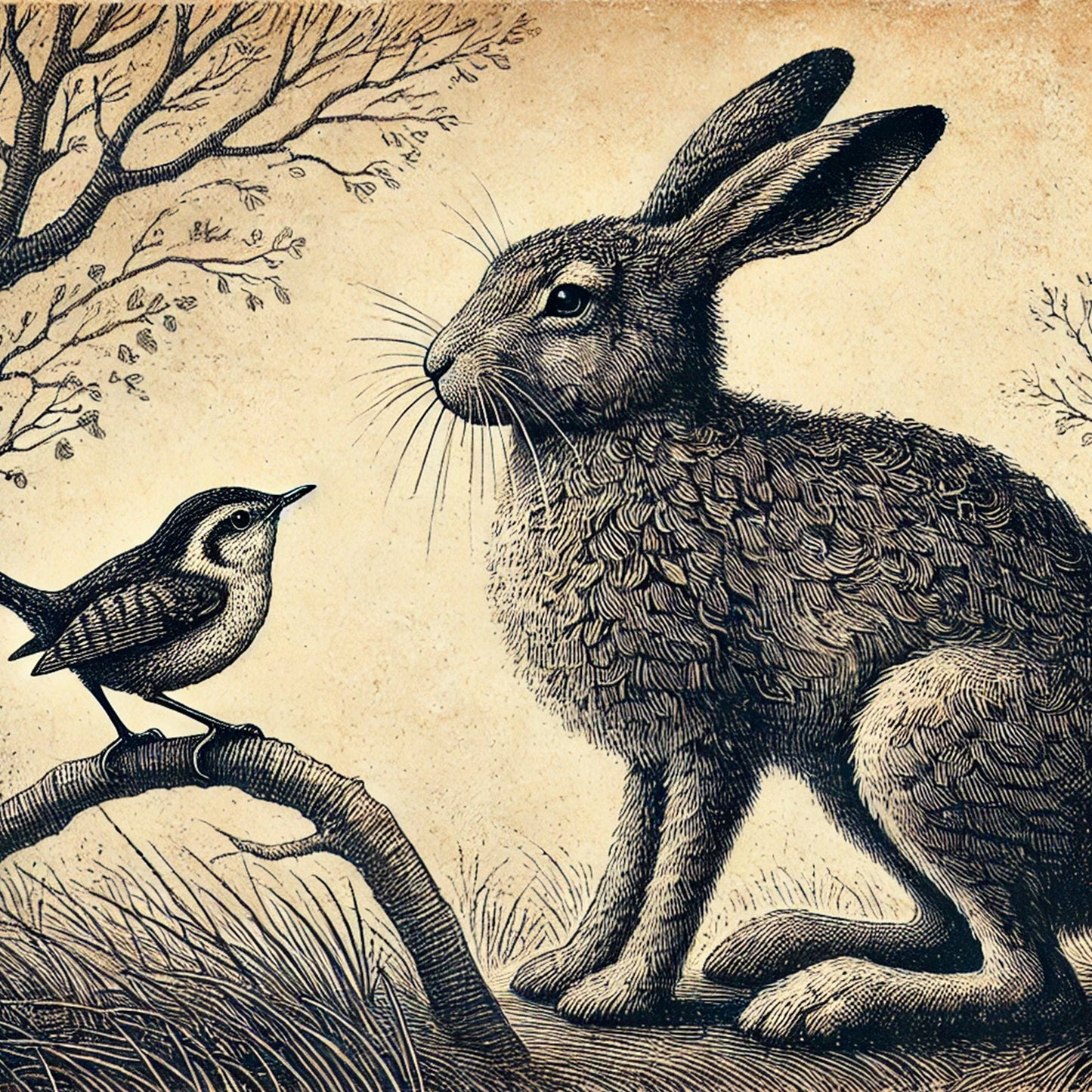 Haas Illustratief en artistiek dierenportret op canvas, unieke vintage en fine-art stijl 20x20 cm