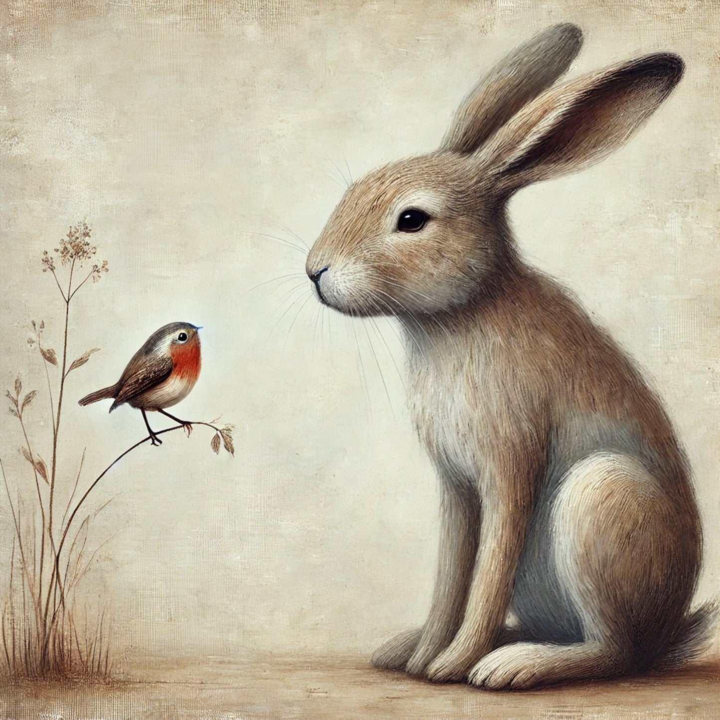 Haas en Roodborst Illustratief en artistiek dierenportret op canvas, unieke vintage en fine-art stijl