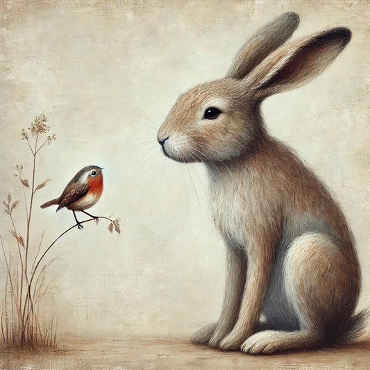Haas en Roodborst Illustratief en artistiek dierenportret op canvas, unieke vintage en fine-art stijl