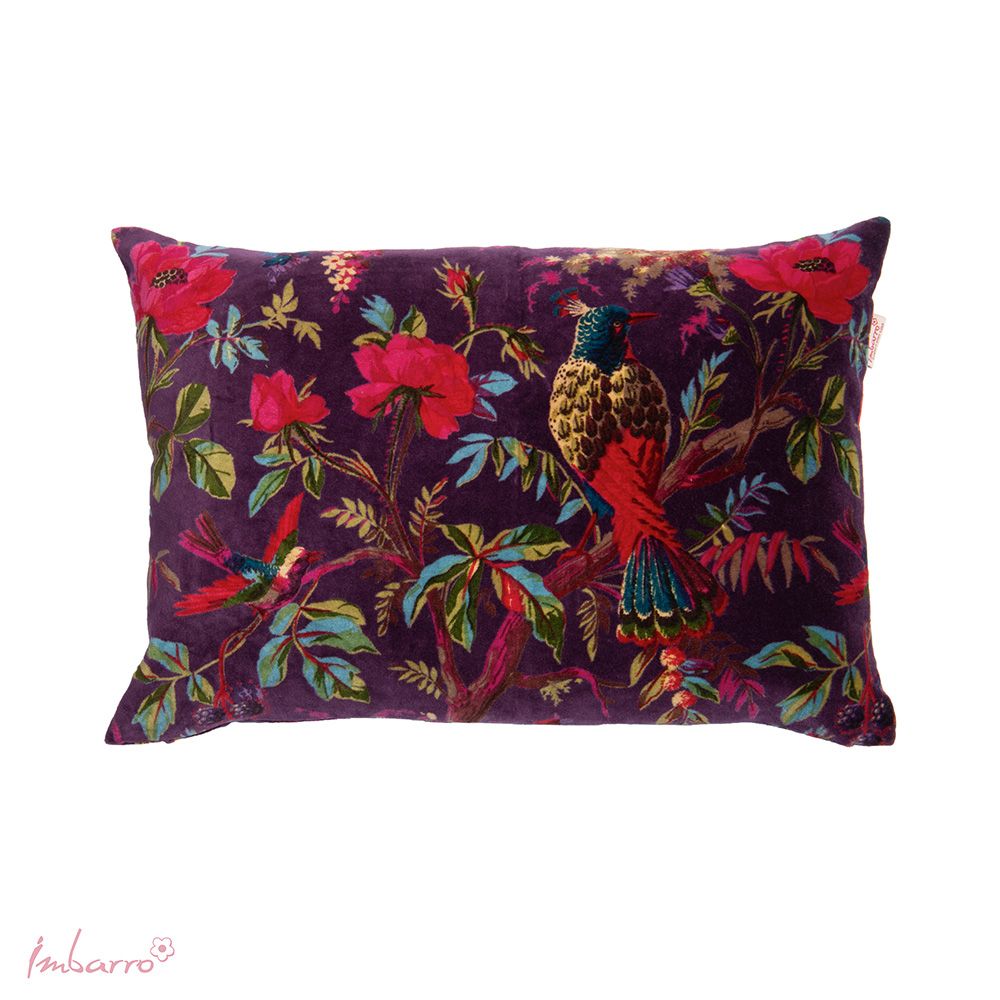 Imbarro Paradise Purple sierkussen – paars fluweel met tropische vogels (30x50 cm)