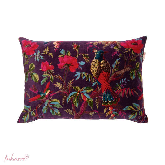 Imbarro Paradise Purple sierkussen – paars fluweel met tropische vogels (30x50 cm)