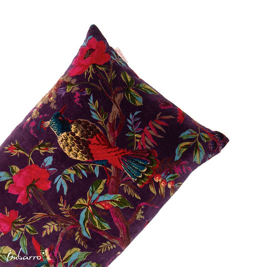 Imbarro Paradise Purple sierkussen – paars fluweel met tropische vogels (30x50 cm)