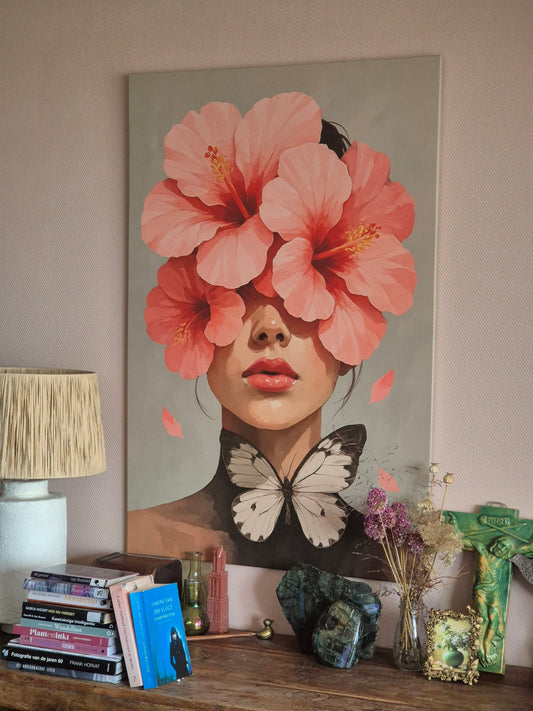 poster canvas vrouw hibiscus bloem