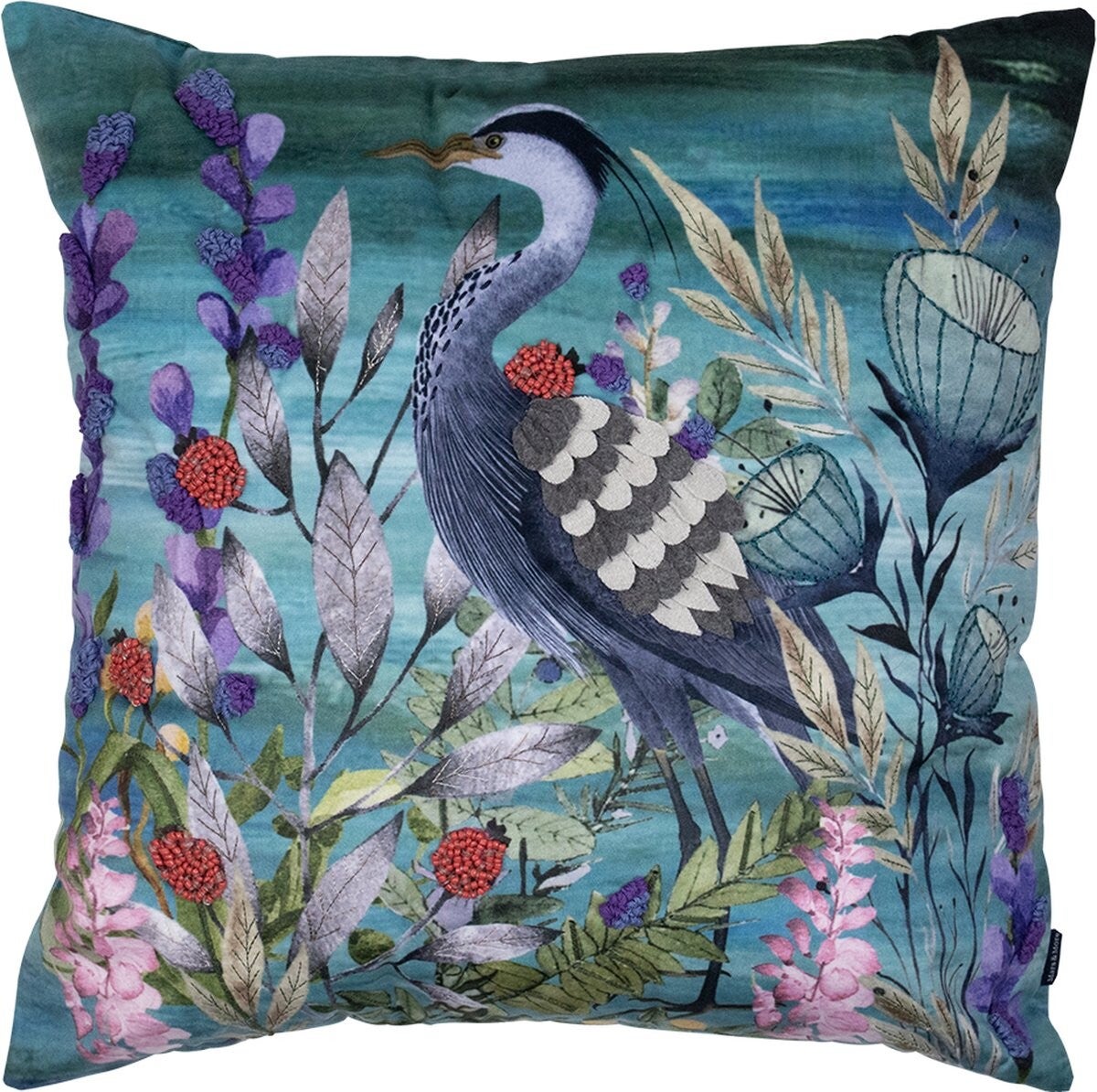 Handgemaakt kussen Fleury blauwe reiger 45x45cm van Mars & More