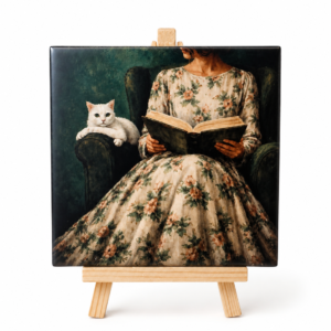Vrouw met boek en kat - Handgemaakt Kunst Tegeltje