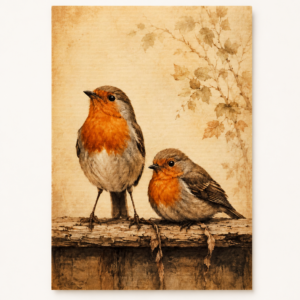 Twee Roodborstjes op een Tak - Handmade Art Card