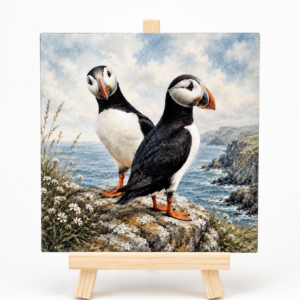 Papegaaiduikers aan de kust - Handgemaakt Kunst Tegeltje