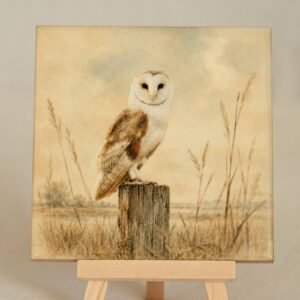 Kerkuil op Houten Paal - Handgemaakt Kunst Tegeltje