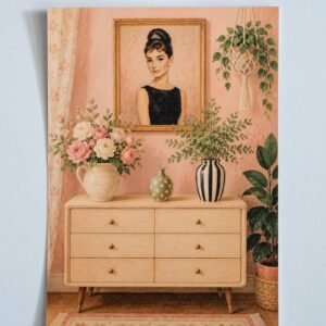 Retro interieur met portret & bloemen - Handmade Art Card