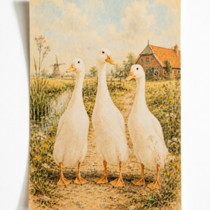 Drie witte eenden op een boerenpad - Handmade Art Card