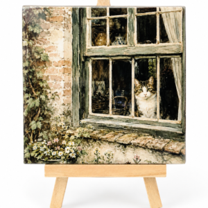 Kat achter het raam - Handgemaakt Kunst Tegeltje