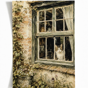 Kat achter het raam - Handmade Art Card