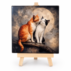 Katten onder de maan – Handgemaakt Kunst Tegeltje