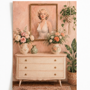 Vintage Hollywood portret met bloemen - Handmade Art Card